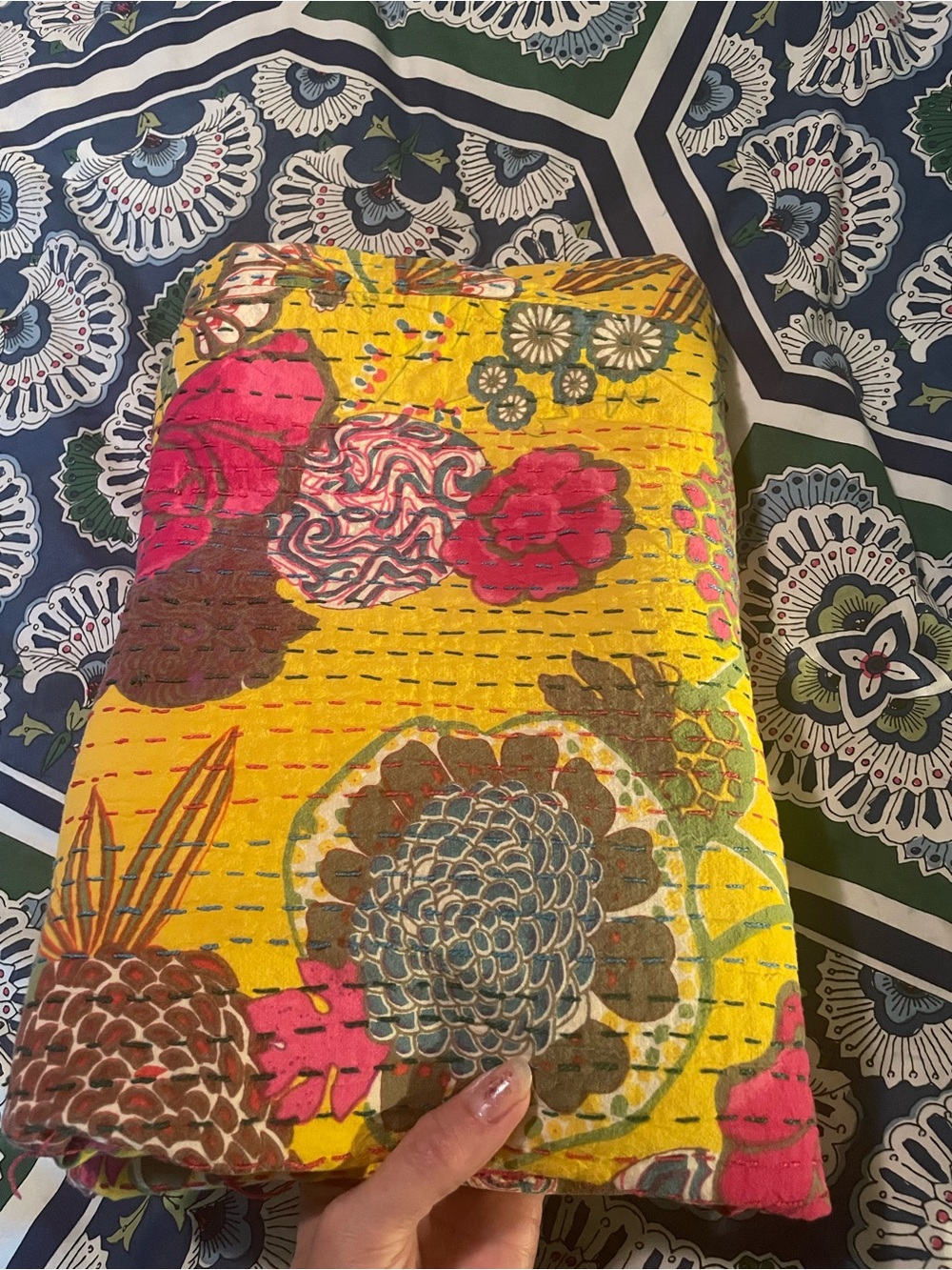 Bright Yellow Floral Print Kantha quilt